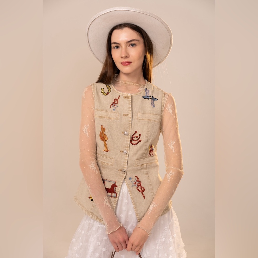 Western Embroidered Denim Vest Top - Blue B